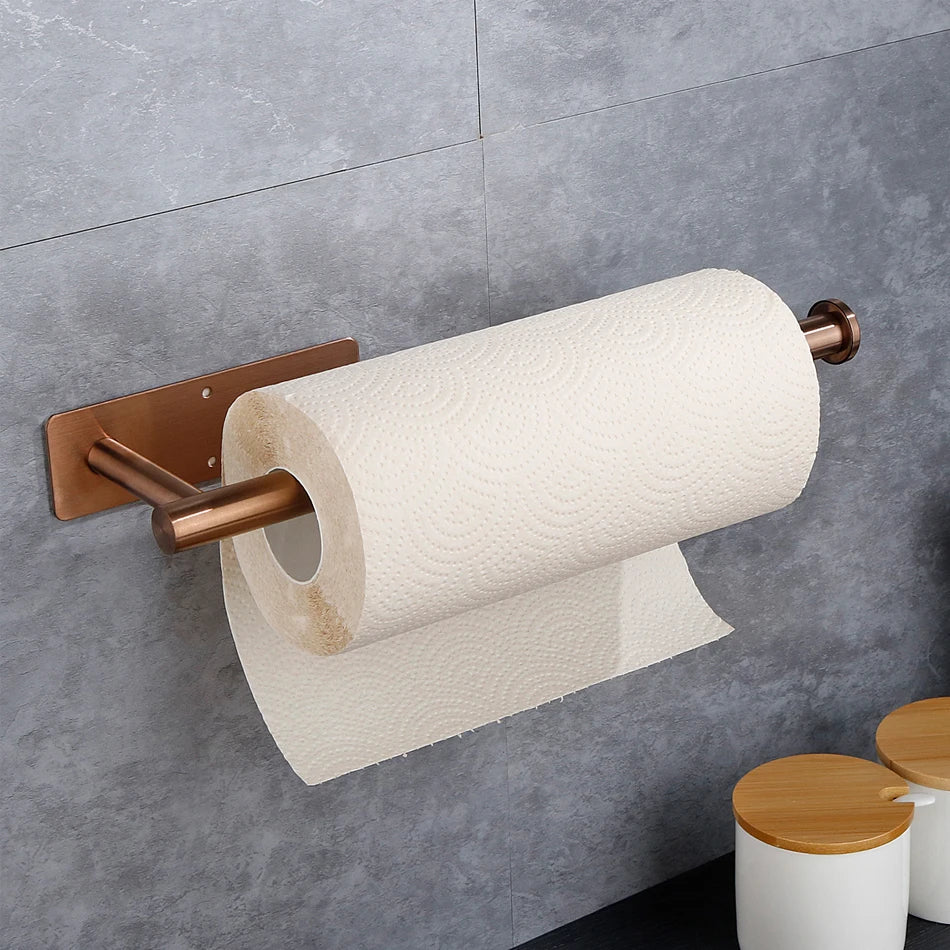 Rose Gold Toilet Paper Holder Adhesive 304 Stainless Steel for Bathroom Kitchen Paper Towel Roll Rack Long Tissue Hanging Black